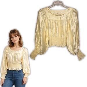 VTG 70s ILGWU Union Made Cream Satin Smocked Balloon Sleeve Blouse Size 36 S/M